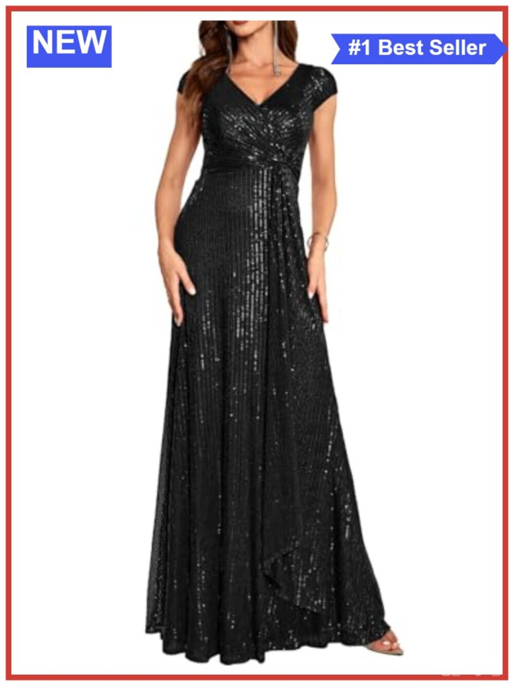 Vintage Sequin Maxi Dress Women Formal Evening Gown V Neck Cap Sleeve Slit
